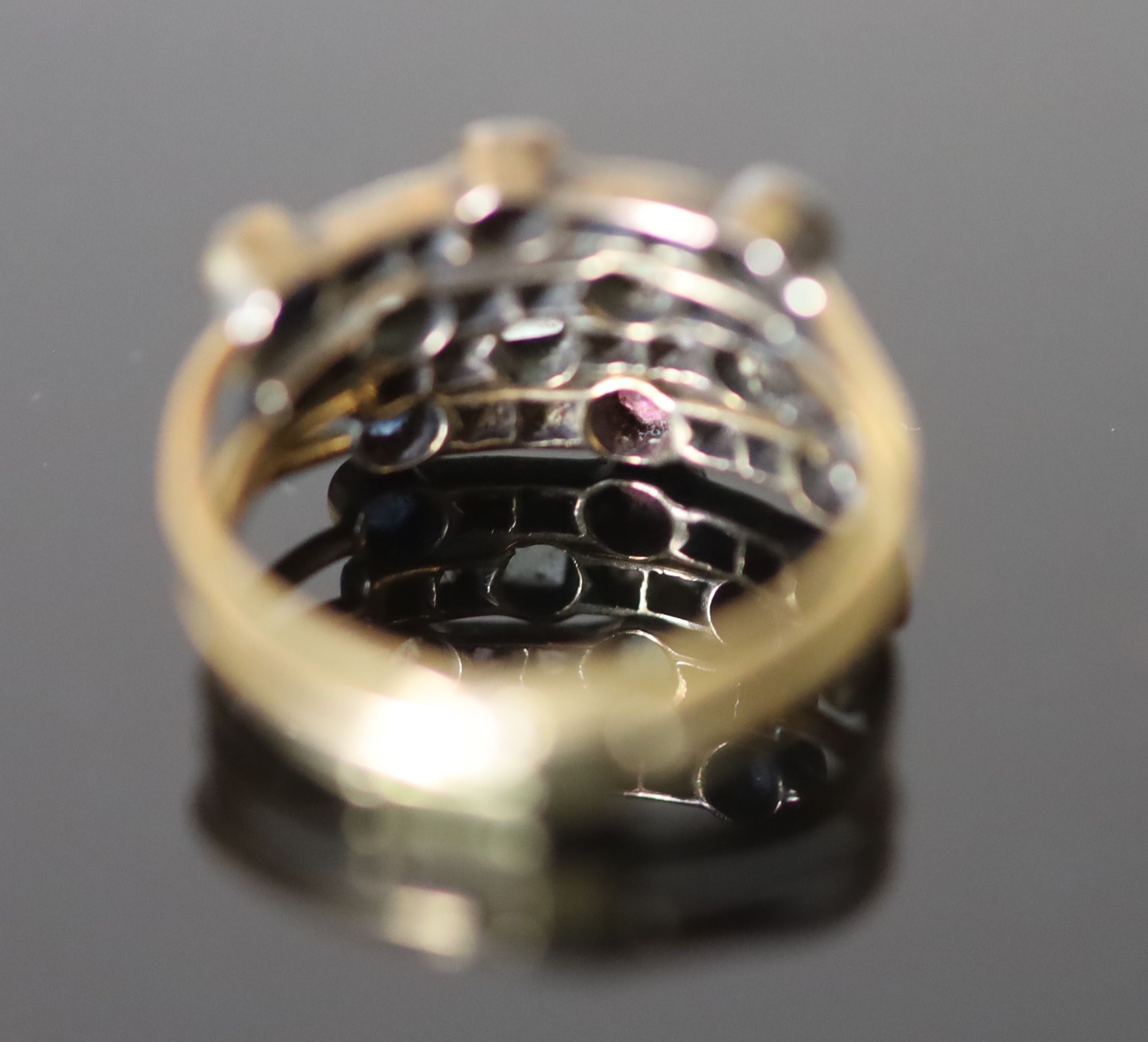 A 19th century gold, sapphire, ruby, emerald and rose cut diamond set quadruple shank half hoop ring,